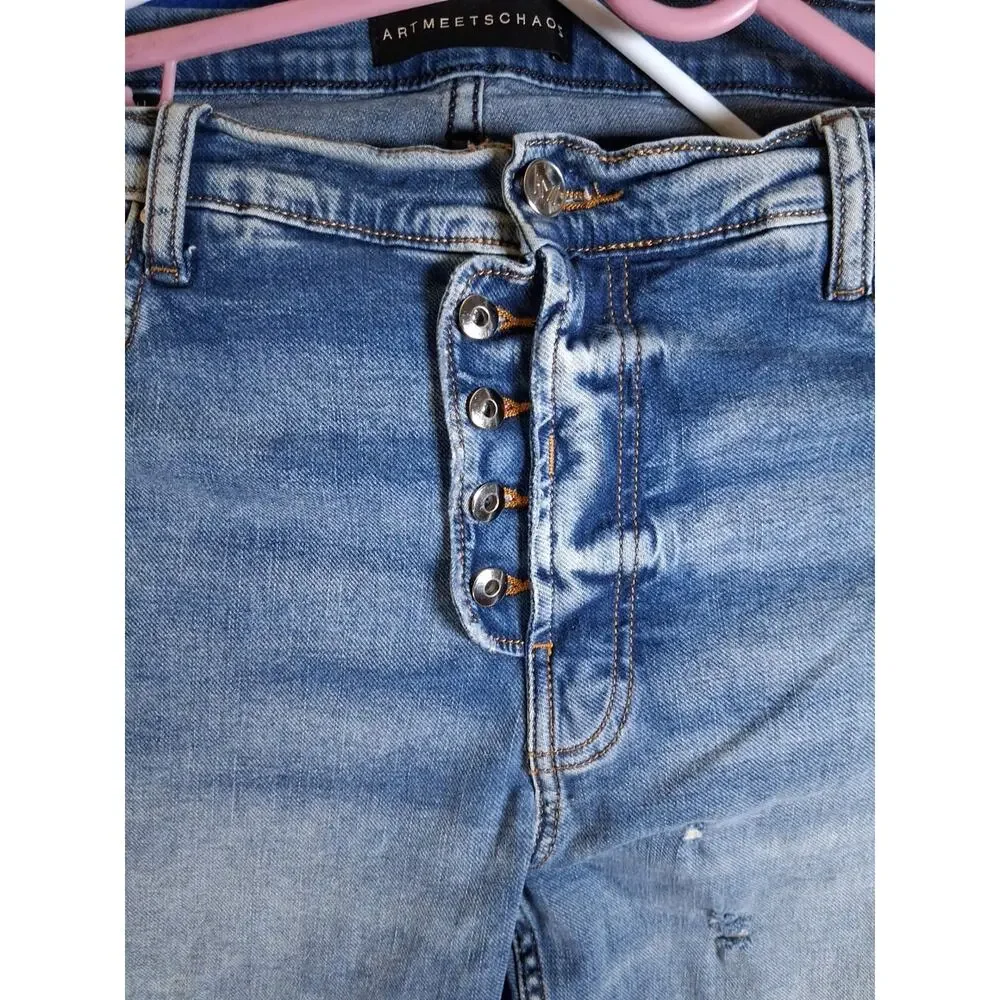 Art Meets Chaos Donwan Harrell Mens Distressed Skinny Jeans Blue Button Fly 38